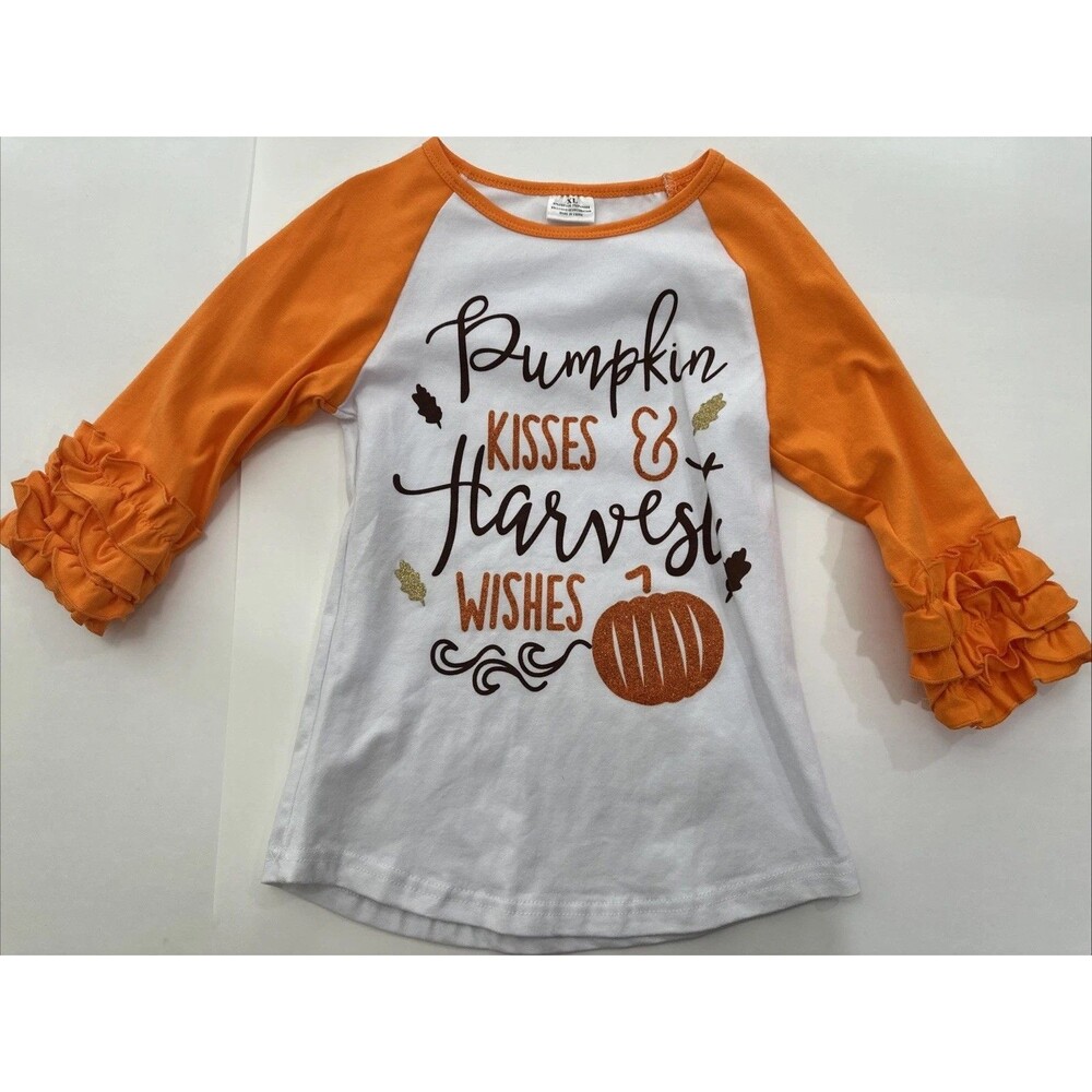 Girls Pumpkin Kisses Harvest Wishes Ruffle Long Sleeve Raglan Thanksgiving Shirt